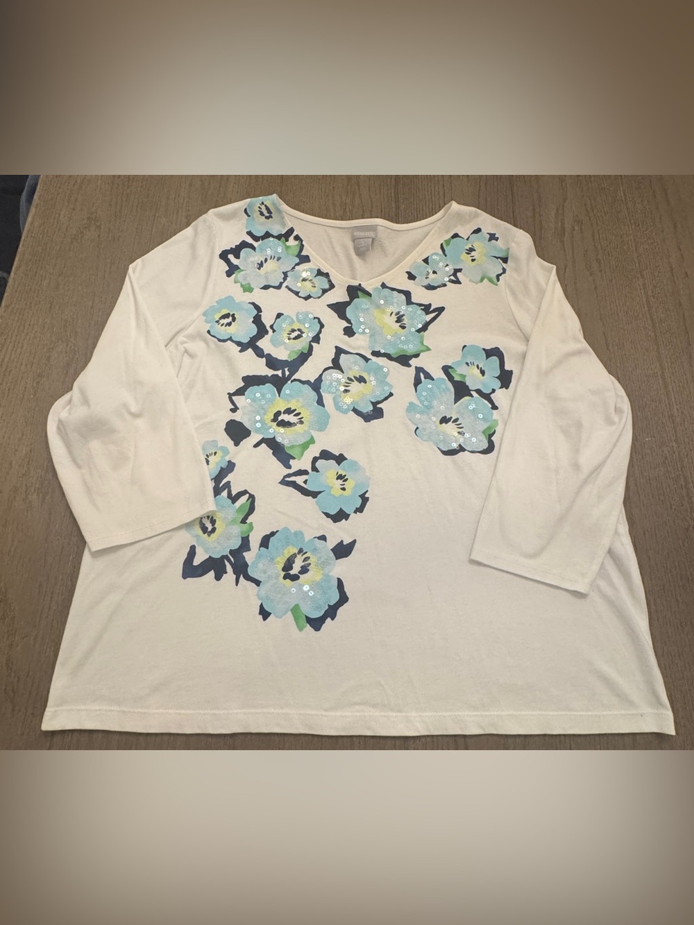 Chico's Floral Sequin Tee 3/4 Sleeve Size 3 (XL)